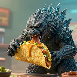godzilla eating a taco, ultra realistic, cinematic