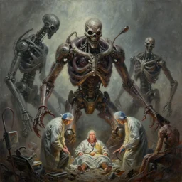 oil paint of 1 1 horrifying machines medically attended by filth by wayne d barlowe, boris vallejo, stefano tamburini, torch light, muted colors, epic, hyper detailed, awe inspiring, award winning horror, hyper realism, cinematic