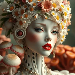 beautiful porcelain ivory woman biomechanical cyborg, elegant haute couture, iris van herpin, laser cut foliage mesh, headdress with daisies, colorful puffballs, mushrooms, rhizomorphs, brackets, sponge corals, red plump lips, hyper detailed, ultra sharp, soft light, 8 k, uhd