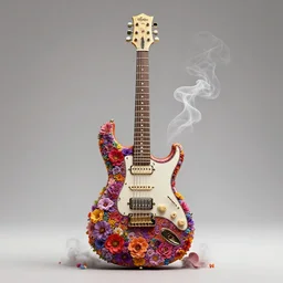 high intricate detailed 3 d cg of a prs electric guitar covered in colorful flowers and smoke, golden ratio, rule of thirds, majestic, elegant, by lea leonowicz, by maks trofimov, by jenny brozek, by johannes wessmark