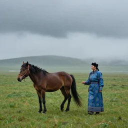 stormy, rainy, misty, a mongolian woman leads a horse on the grassland, by craig mullins