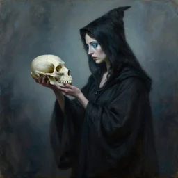 a witch with icy eyes, stares at a cat skull in her hands. she wear a long dark robe. painted by regis loisel and tony sandoval and oliver ledroit. oil painting.