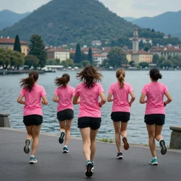 group of woman running in lugano with pink t-shirts view from behind, front lit, cinematic, epic, 50mm, award-winning painting by noah bradley