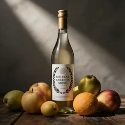 symmetrical photo of bottle standing on fruits