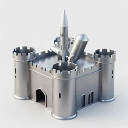 photo of a modern metal castle with ballistic missiles on the roof