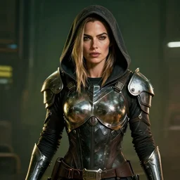 cyberpunk 2 0 7 7, charismatic rugged female battle margot robbie - mage portrait, clothed in hooded, metal - plated battle armor atmospheric lighting painted intricate volumetric lighting, beautiful, sharp focus, ultra detailed by leesha hannigan, ross tran, thierry doizon, kai carpenter, ignacio fernandez rios