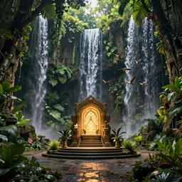 Detailed Interior of the Tropical Jungle Monastery Ruins, Waterfall walls, lush vegetation, flock of birds, the glowing throne, stunning atmosphere, in Style of Peter Mohrbacher, cinematic lighting