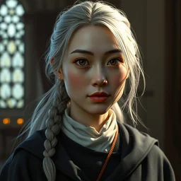 portrait painting of a 6 0 year old kind pretty female priest, big eyes, deep silhouette ， looks like mona lisa ， silver ponytail hair, amiable by yangjun chen ，, nadar, bright colors, octopath traveler, unreal engine 5 highly rendered, global illumination, radiant light, detailed and intricate environment
