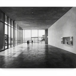 a blacka and white painting of the interior of teshima art museum