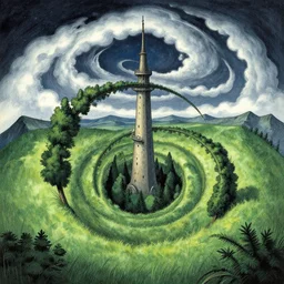 a tower, trees, nightly, spiral, naive nerikomi, weird perspective, extra narrow, detailed illustration by moebius, scenic spiral environment by rhads from lorax movie, trending artstation, true color, fisheye, grass field mountainous terrain, spiral clouds
