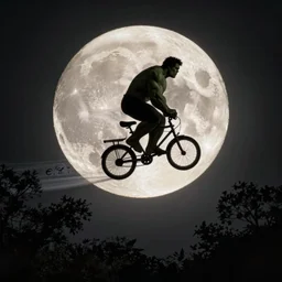 the hulk is riding a flying bike across the full moon as silhouette, from the movie e. t. the extra terrestrial, with dark trees in foreground, cinematic frame by steven spielberg, hd