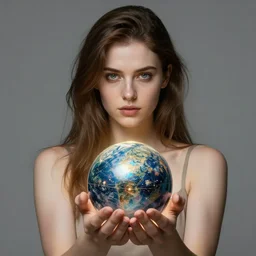 A woman holding an orb, cover by Artgerm, photo realistic, realistic render, HDR, 4k, high detail