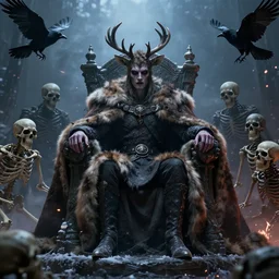 a cursed king dressed in a deer fur cloak, sitting in her throne, surrounded by skelleton minions and ravens, sparks and ashes in the air, cinematic epic scene, portrait view, winter light, detailed, 8 k, trending on cgi society, volummetric light