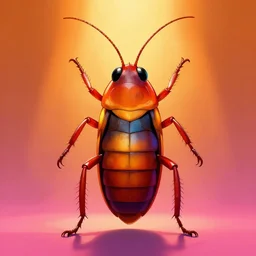 colorful full body shot of an anthropomorphic cockroach with abdomen segmented into ten parts, with long thin antennae, trending on artstation, trending on deviantart ,cinematic backlighting, 8k, symmetrical, correct proportions, hyper detail illustration by tim schafer, by peter chan, vibrant colors, from men in black, orange lights, pink shadows