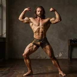 IFBB pro flexing in the style of Jan van Eyck