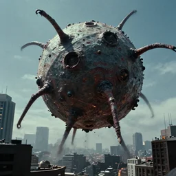 still image taken from sci fi horror movie of a giant icosahedral phage attacking a city. low camera angle. 1 9 6 0.