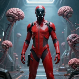 big budget scifi movie set in futuristic world with alien brainsuckers cyborg in red rubber suit and radiation mask