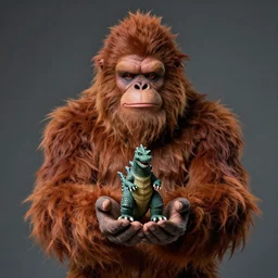 portrait photo of a shaggy bigfoot clown holding a tiny godzilla in his cupped hands, professional studio photography, 8 k