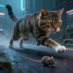🐱 a big cat chases down × a live mouse 🐭! by mark ryden in cyberpunk environment, 4 k ultra high resolution, horror, long camera shot, foreground focus