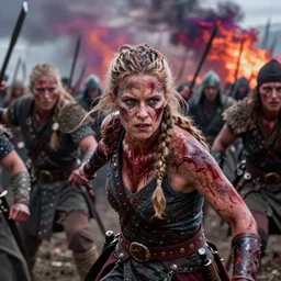 Ultrawide realistic photo of a bloody fierce viking woman, leading a battle, battle-scarred mind-blowing details, ethereal, ominous, scarred, highly detailed, viking attire, cinematic, 16k, 1080s,  smooth, sharp focus, by Stanley Artgermm, Tom Bagshaw, Greg Rutkowski, Vincent di Fate, Carne Griffiths, Ayami Kojima, trending on DeviantArt, hyper detailed, full of color, digital art, Vibrant colors, Smooth gradients, High contrast, depth of field, shot on Canon Camera