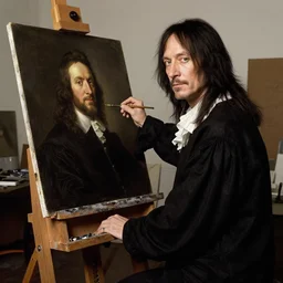 axl rose as rembrandt's artist model in the studio. rembrandt is painting his portrait