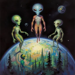 trippy psychedelic aliens in space above a planet with a forest by frank frazetta
