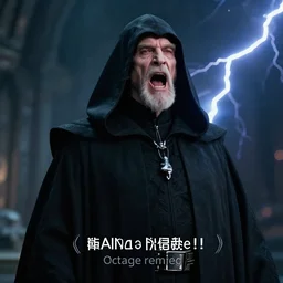 a cinematic still of (Ian McDiarmid!!!) as palpatine, wearing sith hood, Ian McDiarmid, ((octane render, nvidia raytracing demo)), ((((lightning)))), (cackling), masterpiece