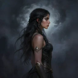 side profile centered painted portrait, Maya Ali as a storm sorcerer, Gloomhaven, Elden Ring, matte painting concept art, beautifully backlit, specular lighting, official fanart, pretty, beautiful, elegant, 4k, HDR, Trending on artstation, Behance, by Jesper Ejsing and RHADS and Makoto Shinkai and Lois van baarle and ilya kuvshinov and rossdraws and Cushart Krentz and Gilleard James