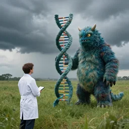 in a field, two scientists in lab coats encounter a monster shaped like the DNA double helix, stormy weather, by Rob Gonsalves
