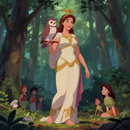 full body shot of the goddess athena with owl on shoulder, pine forest, cel shaded vector art, toon shading, behance, hd by artgerm, helen huang, by makoto shinkai and ilya kuvshinov, rossdraws, disney princess, disney animation still