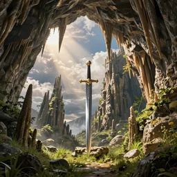 overgrown stone cave, high detailed thin stalagmites, high detailed thin stalagtites, the sword in the stone, cinematic, epic, dramatic lighting, cinematic view, epic sky, detailed, concept art, low angle, high detail, warm lighting, volumetric, godrays, vivid, beautiful, trending on artstation, by jordan grimmer, huge scene, grass, art greg rutkowski
