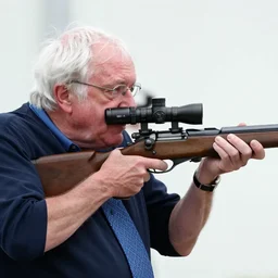 bernie sanders holding a rifle that has a scope on it