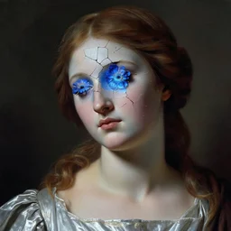 hyperrealism close - up mythological portrait of a medieval woman's shattered face partially made of blue glowing color flowers in style of classicism using the fibonacci golden ratio, pale skin, wearing silver dress, dark and dull palette