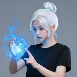 a girl sorcerer with white hair in a hairbun, holographic undertones, highly saturated colors, and a black tshirt, learning how to use magic. radiating blue energy. magical atmosphere, by andreas rocha, guillaume tholly, gthl. art, makoto shinkai, genshin impact, breath of the wild, studio ghibli. trending on artstation. award winning