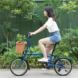 a girl with uk folding brompton bike in a garden, by chiho aoshima