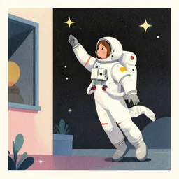 ( ( dither ) ), editorial illustration of a young astronaut girl reaching for the stars exterior, colorful modern, platform exterior, mads berg, karolis strautniekas, ( ( christopher balaskas ) ), fine texture, dynamic pose, detailed, matte print, muted color, lomography, ( ( risograph ) )