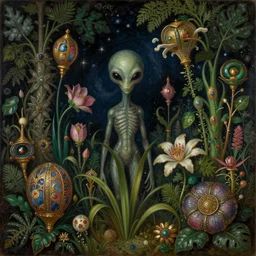 close - up of alien plants and flowers in a garden at night. decorated with foliage, faberge, and filigree. pulp sci - fi art for omni magazine. cosmic. baroque period, oil on canvas. renaissance masterpiece, by r. s. connett