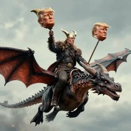 viking riding dragons flies holding donald trump's severed head