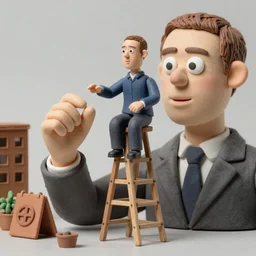 mark zuckerberg sitting on top of a ladder making a stop motion animation, giant clay sculptures, photorealistic