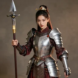 photo of a beautiful female harlequin warrior with weapon