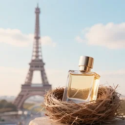 perfume in a bird's nest overlooking paris eiffel tower, light pastel blue sky and clouds in the background, softly - lit, soft - warm, zen, light, modern minimalist f 2 0 clean