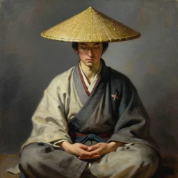 portrait of a samurai wearing a rice hat meditating, by jacques - louis david by mattias adolfsson, by moebius, trending on artstation, featured on pixiv, masterpiece, oil on canvas, cinematic composition, dynamic beautiful lighting,