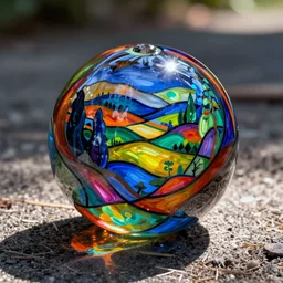 a colorful glass object sitting on the ground, a marble sculpture by anne dunn, deviantart, cloisonnism, vibrant colors, rich color palette, psychedelic