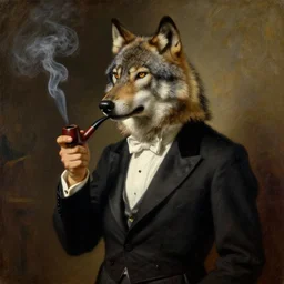 a portrait of an aristocratic wolf!!!!!!!!!!! wearing a tuxedo and smoking an old pipe, painting by arthur rackham, trending on cgsociety, moody cinematic lighting