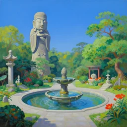 strange weird pagan japanese garden with a big ancient god fountain by beksinski bosch sky by damien hirst, very cohesive and vibrant, serenity, hyperminimalist, 8 k, surreal oil painting, highly detailed, dream like, masterpiece