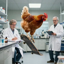 chicken doing cool skateboard tricks in the lab while a mad scientist takes notes. stock photo.