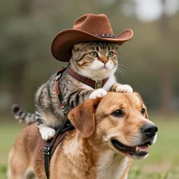 a cat riding on a dog's back. the cat is wearing a cowboy hat. hd photograph.