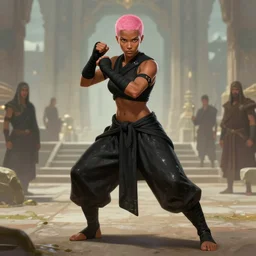 Full body Picture of a female monk, fighter, black bandage on arms, marked muscles, brown skin, short pink hair, brown eyes, detailed face, combat stance, black soggy pants, spiritual, epic fantasy, temple background, D&D, by artgerm and Craig Mullins, James Jean, Andrey Ryabovichev, Mark Simonetti and Peter Morbacher, matte painting, trending on artstation, artstationHD, artstationHQ, octane, full HD, 16K