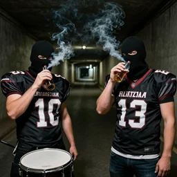 two thugs smoking and drinking in a long dark tunnel wearing balaclavas, drum & bass, football hooligans