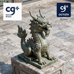 a dragon statue sitting on top of a tiled floor, a raytraced image by patrick brown, cg society contest winner, photorealism, rendered in cinema 4 d, octane render, prerendered graphics
